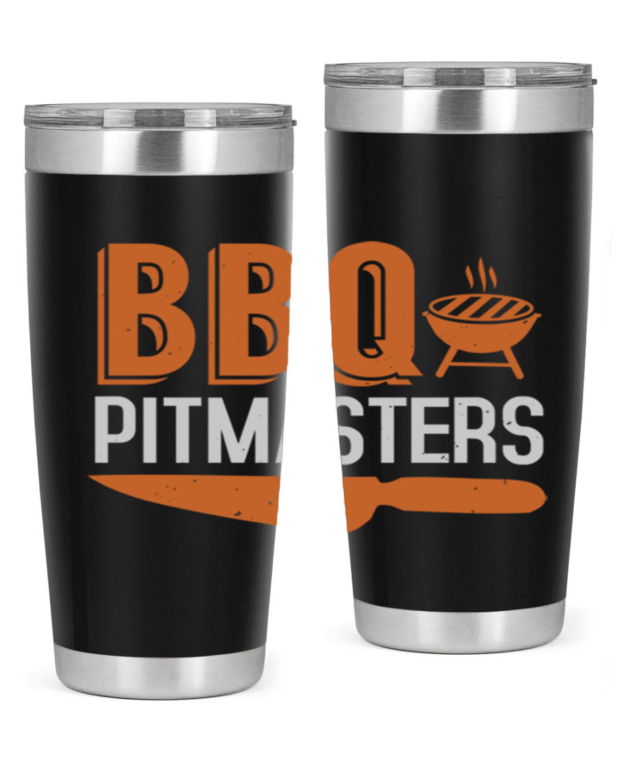 BBQ Pitmasters 20oz Tumbler made of stainless steel with a drink-thru lid, showcasing its sleek design and vibrant print.