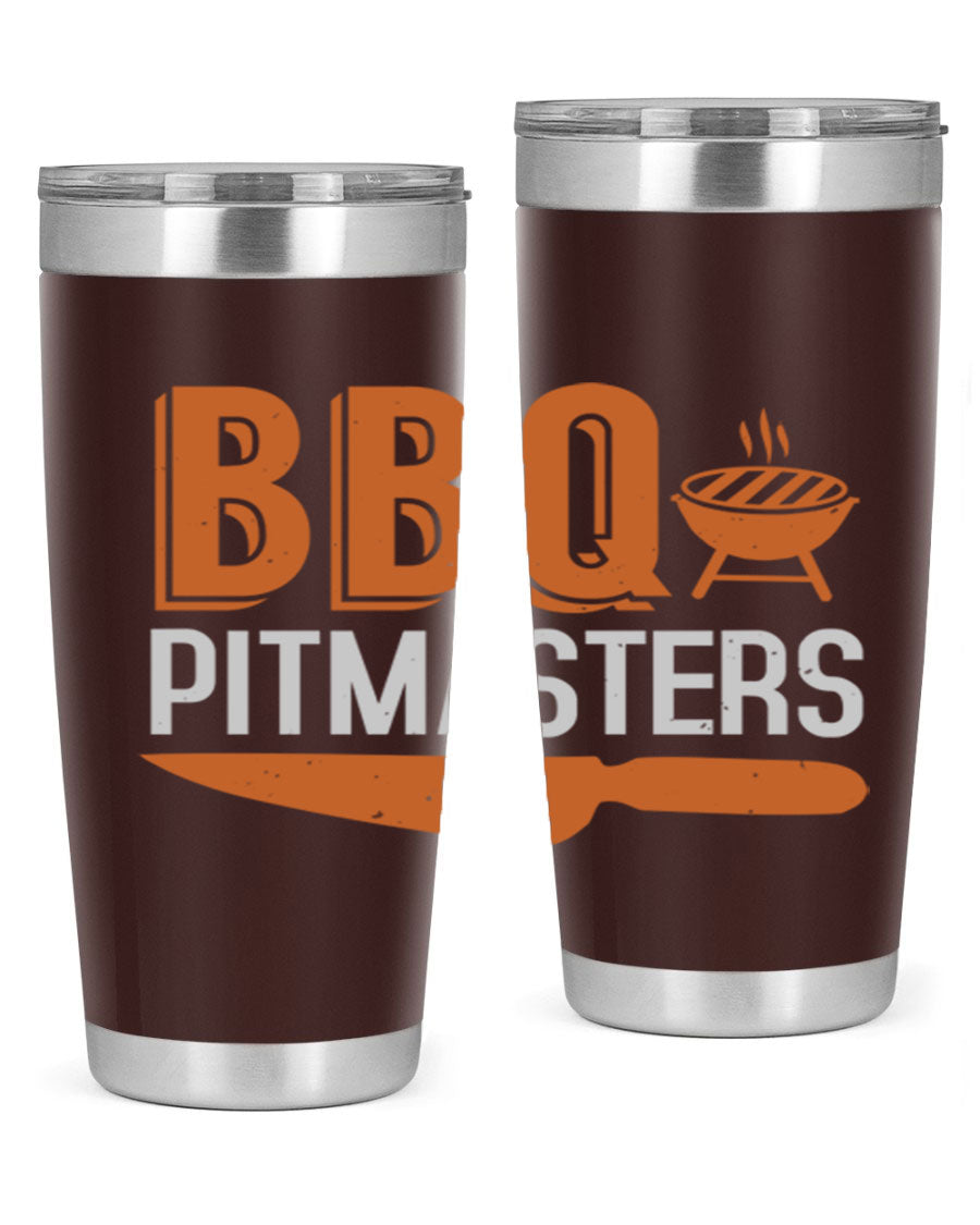 BBQ Pitmasters 20oz Tumbler made of stainless steel with a drink-thru lid, showcasing its sleek design and vibrant print.