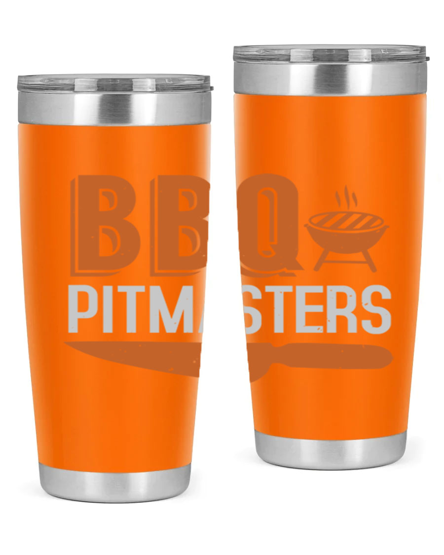 BBQ Pitmasters 20oz Tumbler made of stainless steel with a drink-thru lid, showcasing its sleek design and vibrant print.