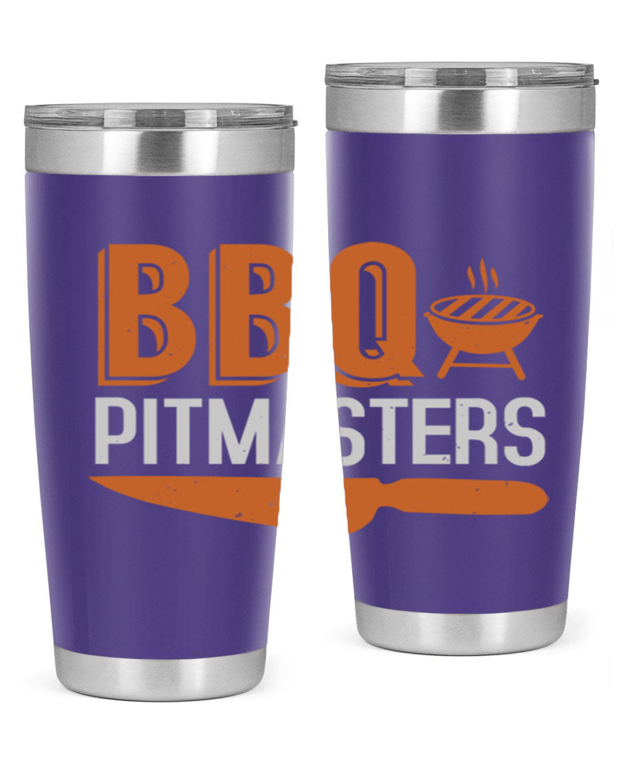 BBQ Pitmasters 20oz Tumbler made of stainless steel with a drink-thru lid, showcasing its sleek design and vibrant print.