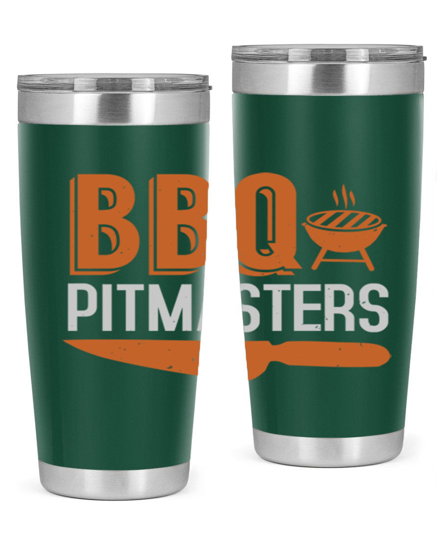 BBQ Pitmasters 20oz Tumbler made of stainless steel with a drink-thru lid, showcasing its sleek design and vibrant print.