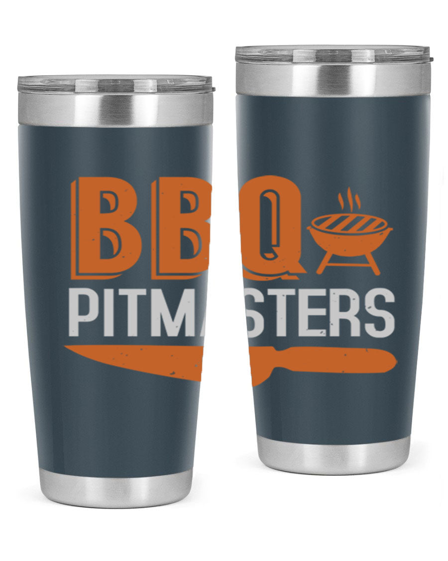 BBQ Pitmasters 20oz Tumbler made of stainless steel with a drink-thru lid, showcasing its sleek design and vibrant print.