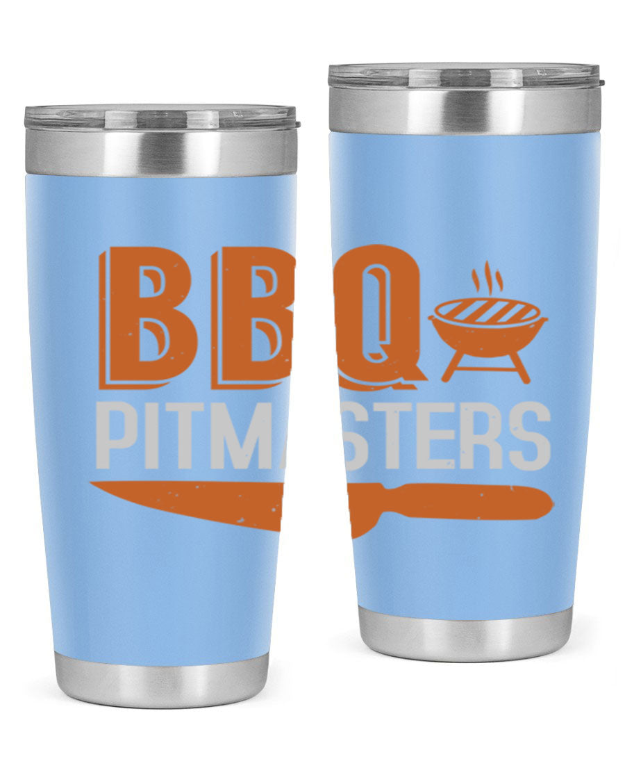 BBQ Pitmasters 20oz Tumbler made of stainless steel with a drink-thru lid, showcasing its sleek design and vibrant print.