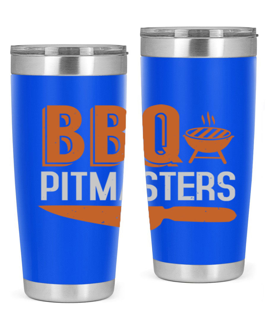 BBQ Pitmasters 20oz Tumbler made of stainless steel with a drink-thru lid, showcasing its sleek design and vibrant print.