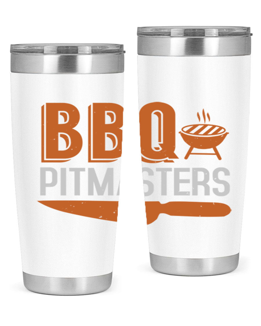 BBQ Pitmasters 20oz Tumbler made of stainless steel with a drink-thru lid, showcasing its sleek design and vibrant print.