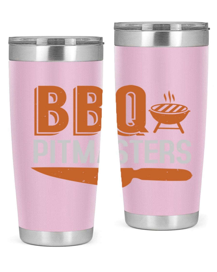 BBQ Pitmasters 20oz Tumbler made of stainless steel with a drink-thru lid, showcasing its sleek design and vibrant print.