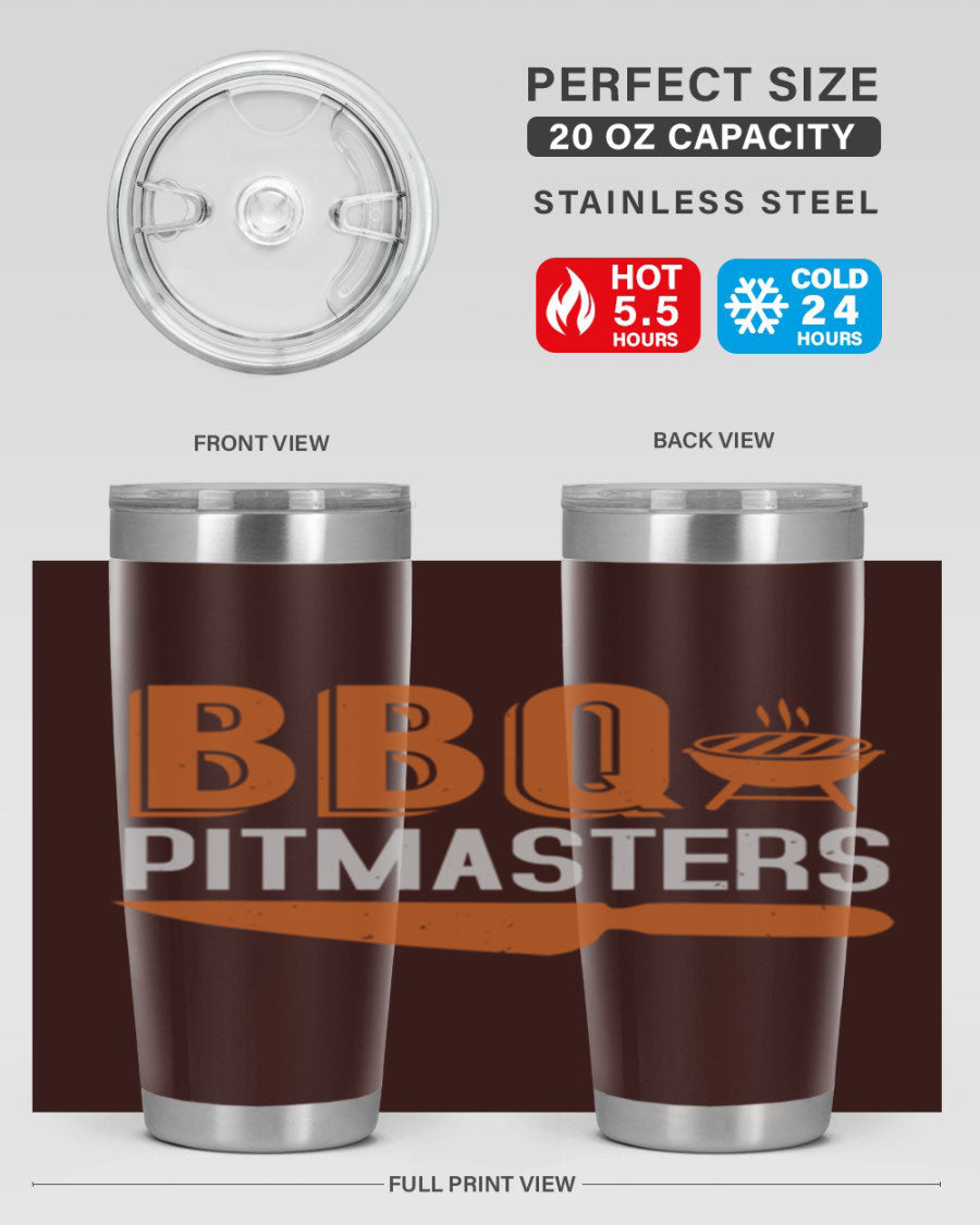 BBQ Pitmasters 20oz Tumbler made of stainless steel with a drink-thru lid, showcasing its sleek design and vibrant print.