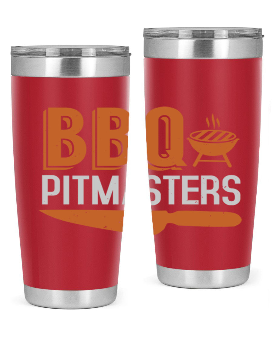 BBQ Pitmasters 20oz Tumbler made of stainless steel with a drink-thru lid, showcasing its sleek design and vibrant print.