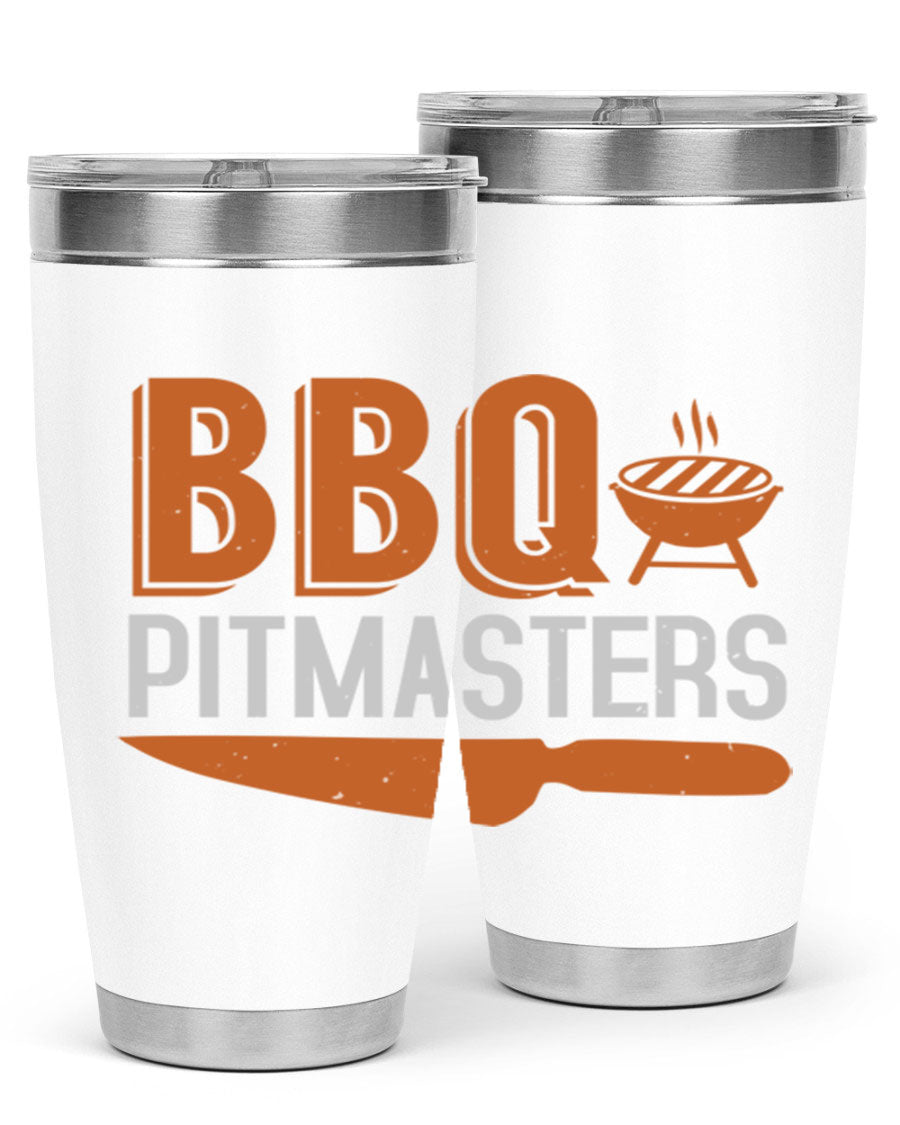 BBQ Pitmasters 20oz Tumbler made of stainless steel with a drink-thru lid, showcasing its sleek design and vibrant print.