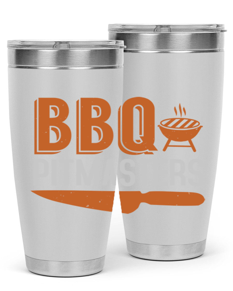BBQ Pitmasters 20oz Tumbler made of stainless steel with a drink-thru lid, showcasing its sleek design and vibrant print.