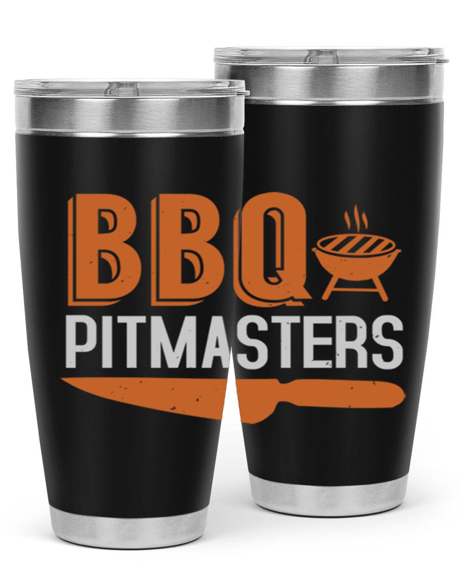 BBQ Pitmasters 20oz Tumbler made of stainless steel with a drink-thru lid, showcasing its sleek design and vibrant print.