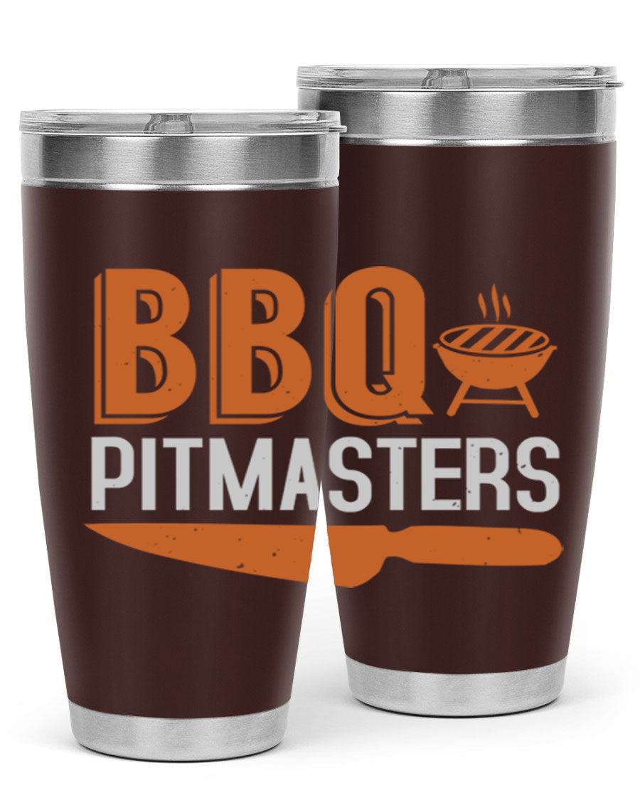 BBQ Pitmasters 20oz Tumbler made of stainless steel with a drink-thru lid, showcasing its sleek design and vibrant print.