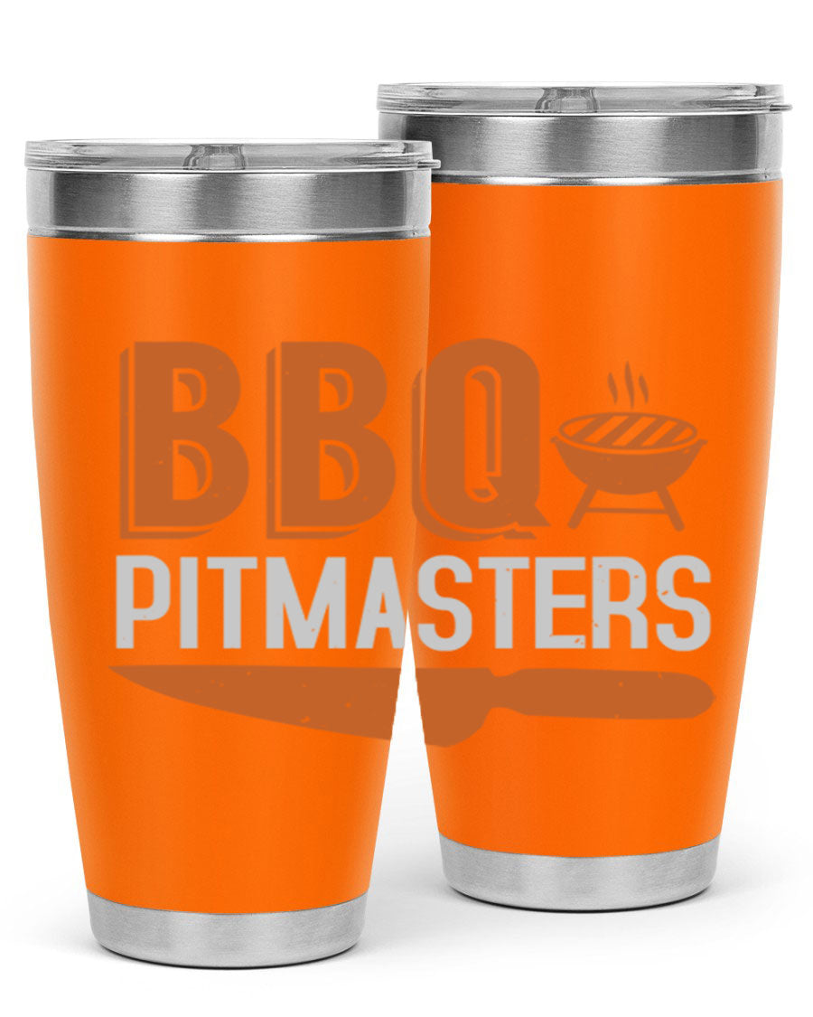 BBQ Pitmasters 20oz Tumbler made of stainless steel with a drink-thru lid, showcasing its sleek design and vibrant print.