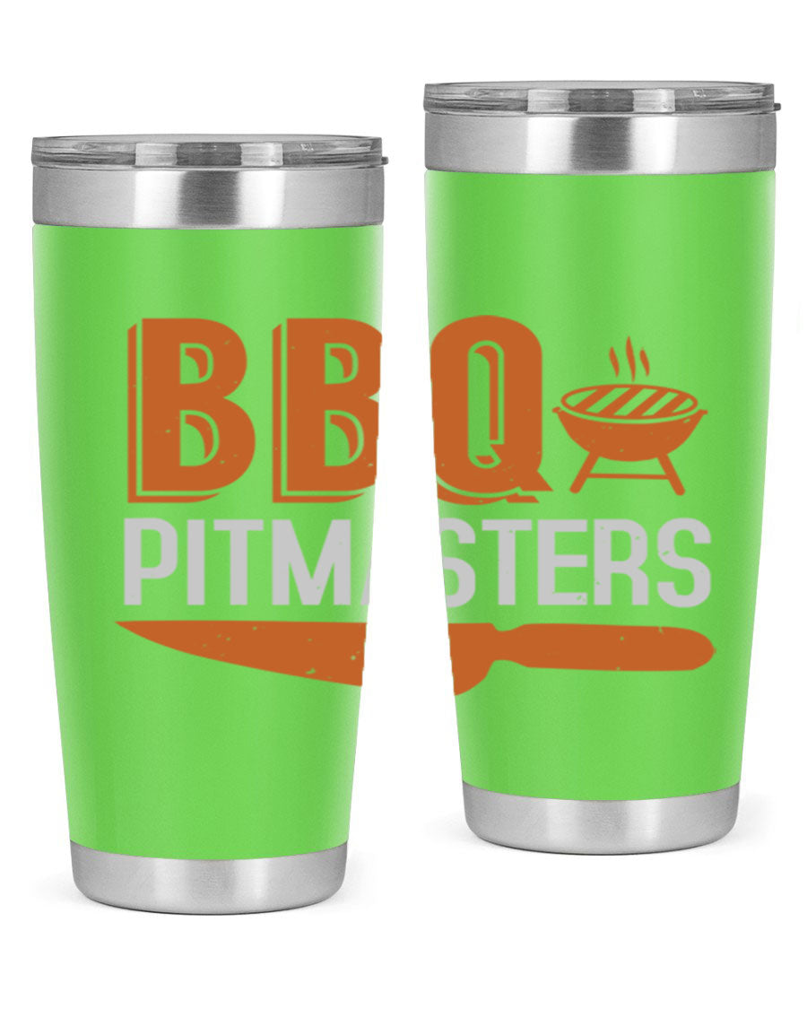 BBQ Pitmasters 20oz Tumbler made of stainless steel with a drink-thru lid, showcasing its sleek design and vibrant print.