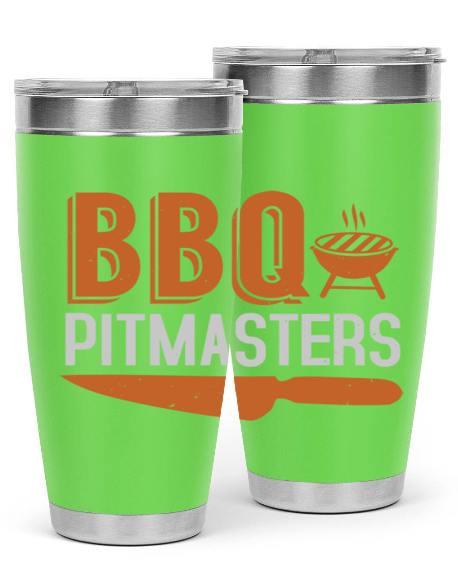 BBQ Pitmasters 20oz Tumbler made of stainless steel with a drink-thru lid, showcasing its sleek design and vibrant print.