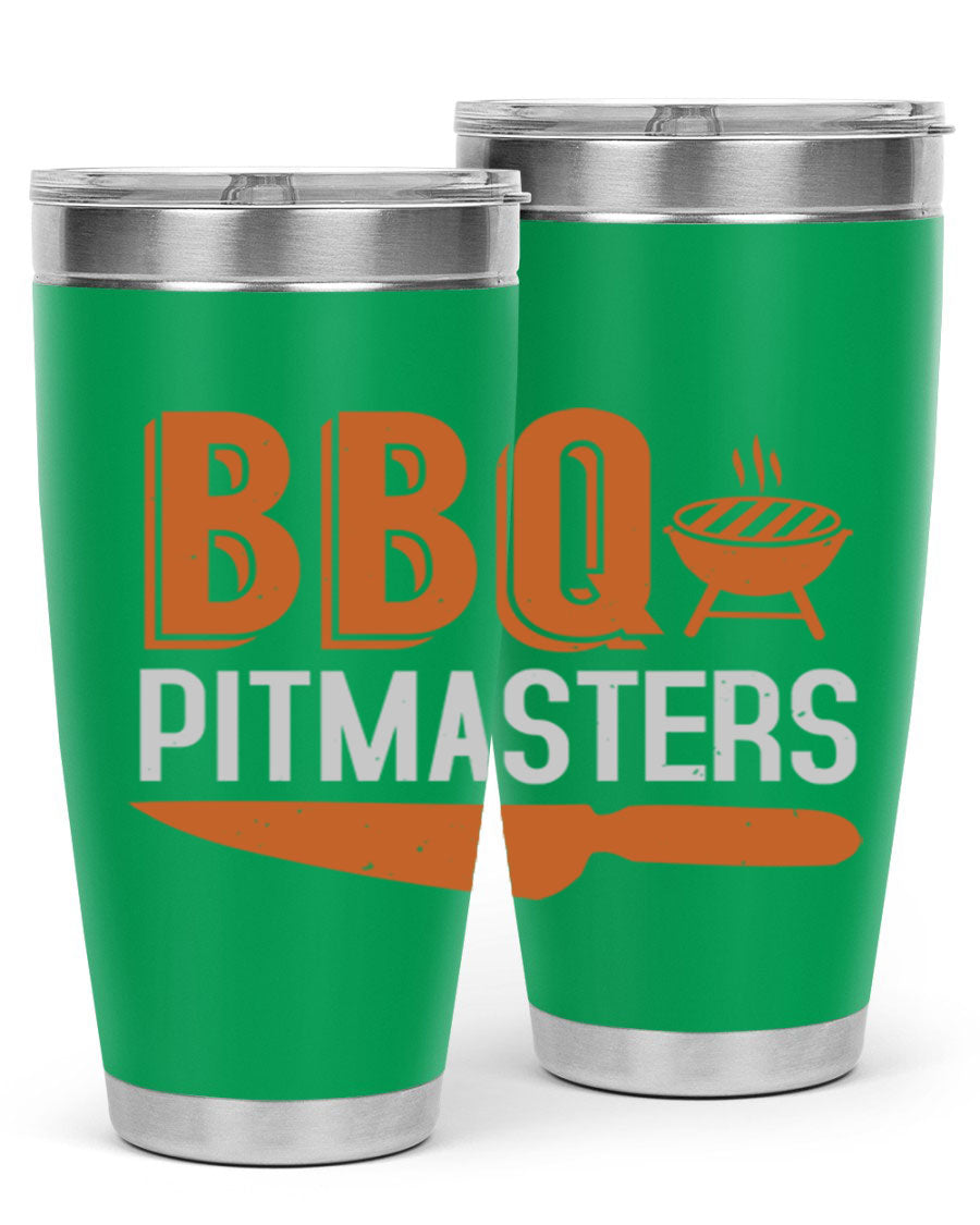 BBQ Pitmasters 20oz Tumbler made of stainless steel with a drink-thru lid, showcasing its sleek design and vibrant print.