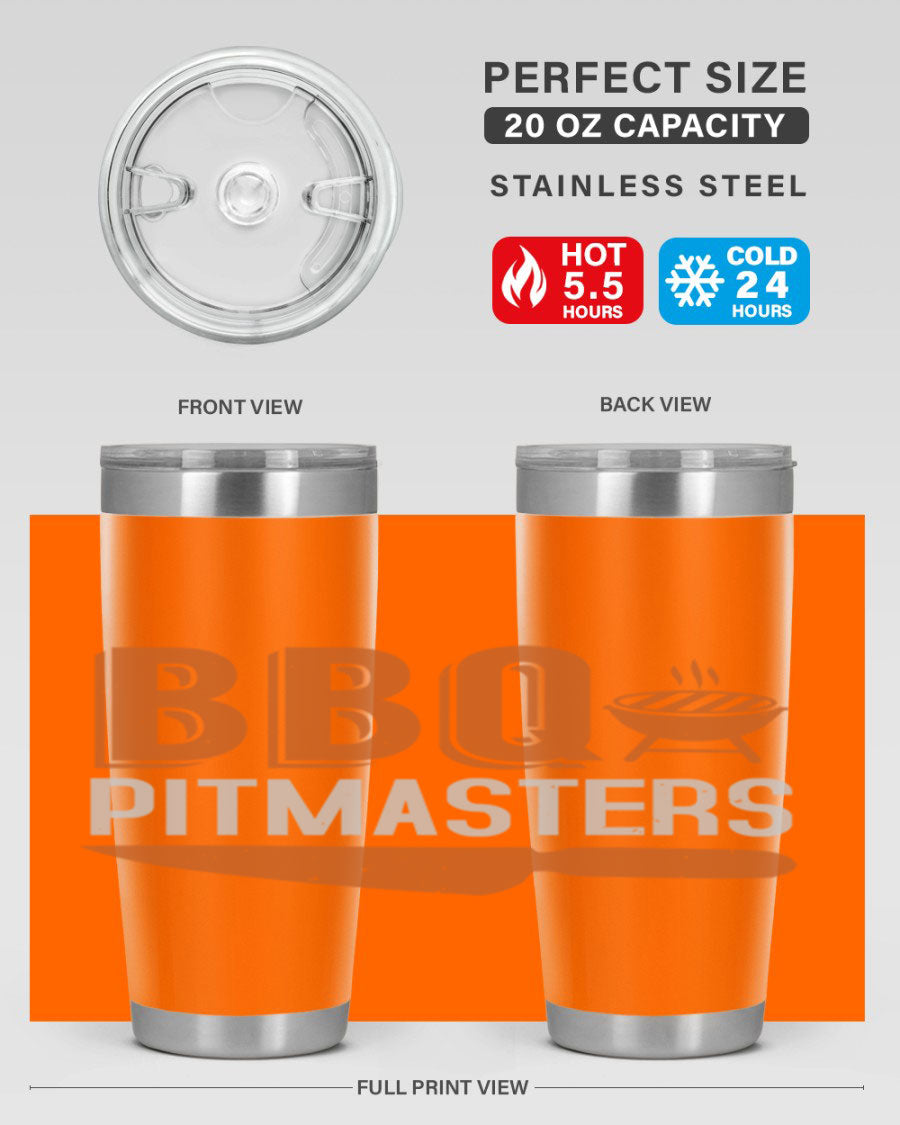 BBQ Pitmasters 20oz Tumbler made of stainless steel with a drink-thru lid, showcasing its sleek design and vibrant print.
