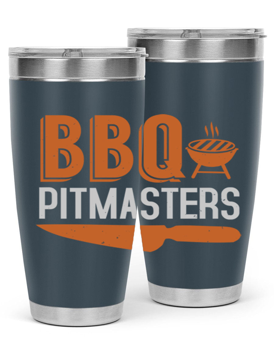BBQ Pitmasters 20oz Tumbler made of stainless steel with a drink-thru lid, showcasing its sleek design and vibrant print.