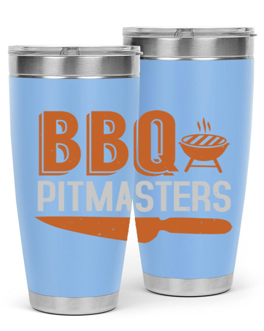 BBQ Pitmasters 20oz Tumbler made of stainless steel with a drink-thru lid, showcasing its sleek design and vibrant print.