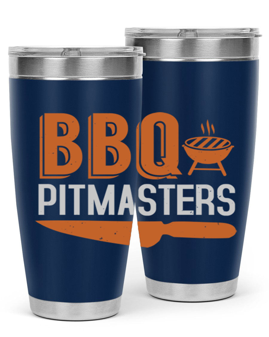 BBQ Pitmasters 20oz Tumbler made of stainless steel with a drink-thru lid, showcasing its sleek design and vibrant print.