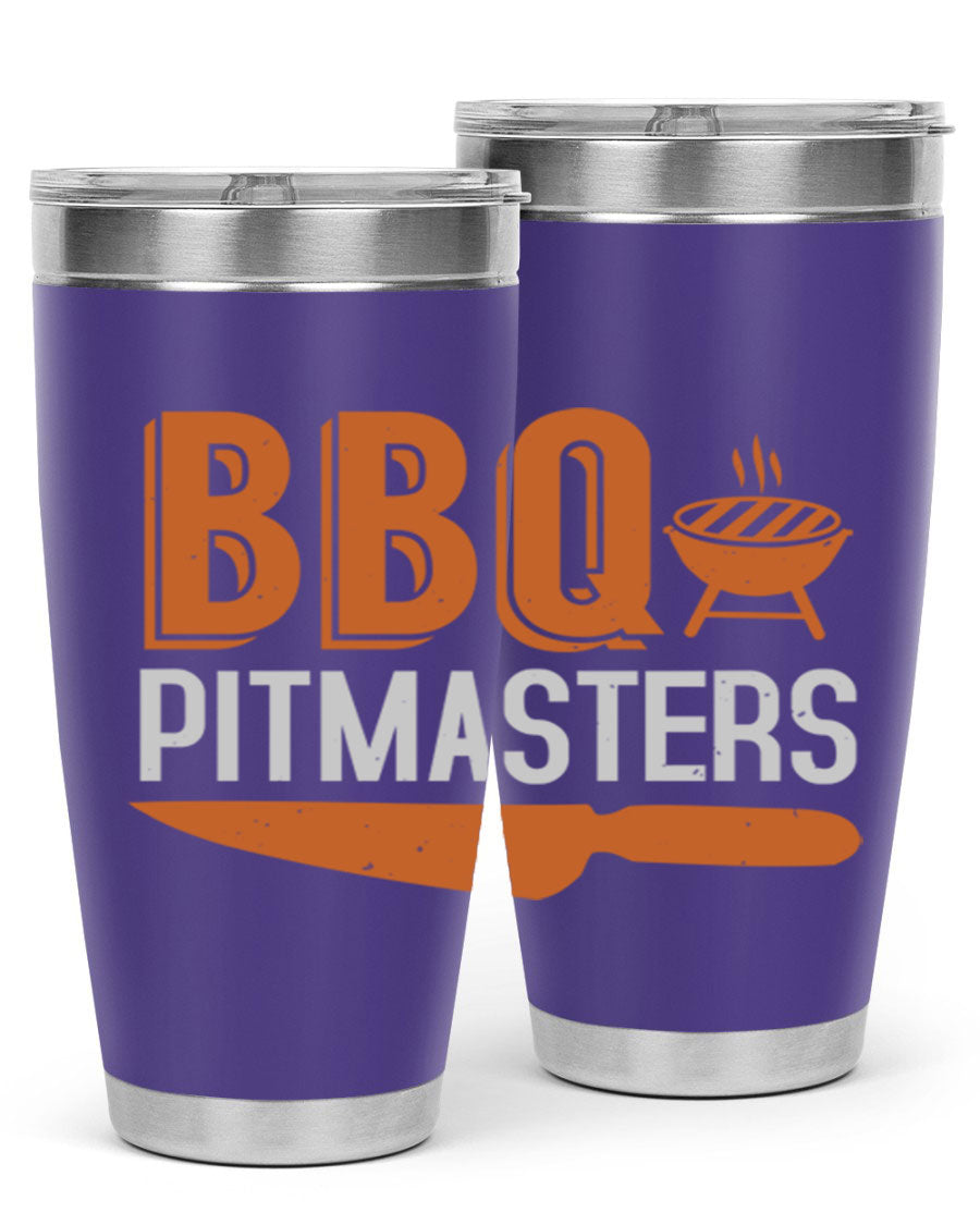 BBQ Pitmasters 20oz Tumbler made of stainless steel with a drink-thru lid, showcasing its sleek design and vibrant print.