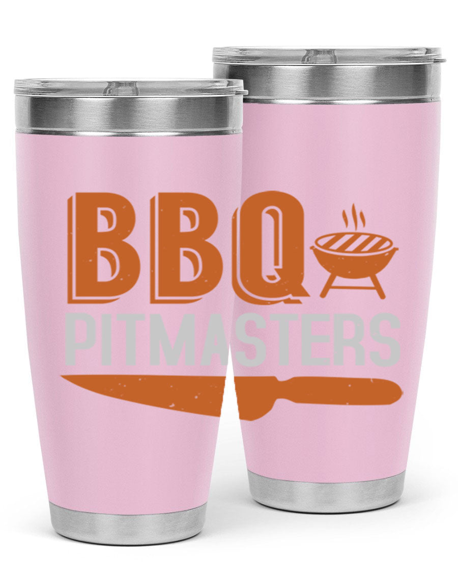 BBQ Pitmasters 20oz Tumbler made of stainless steel with a drink-thru lid, showcasing its sleek design and vibrant print.