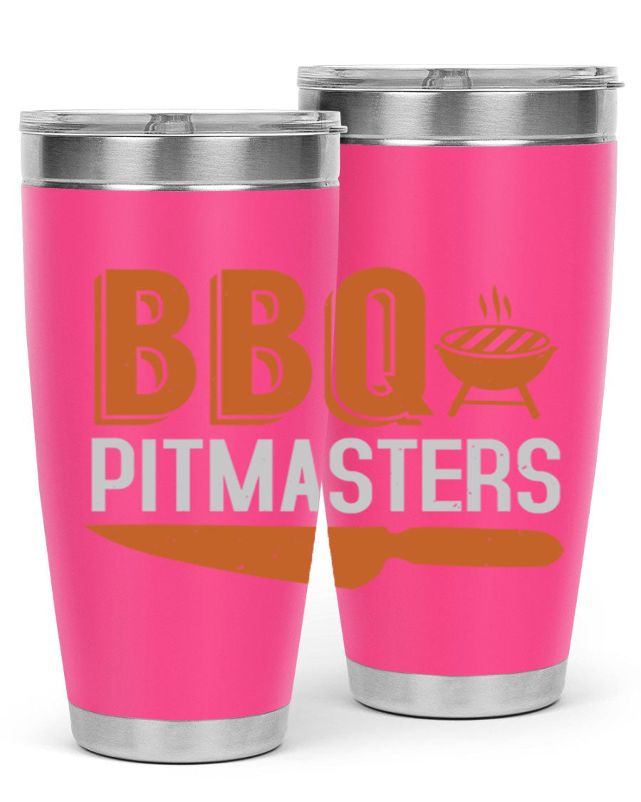 BBQ Pitmasters 20oz Tumbler made of stainless steel with a drink-thru lid, showcasing its sleek design and vibrant print.