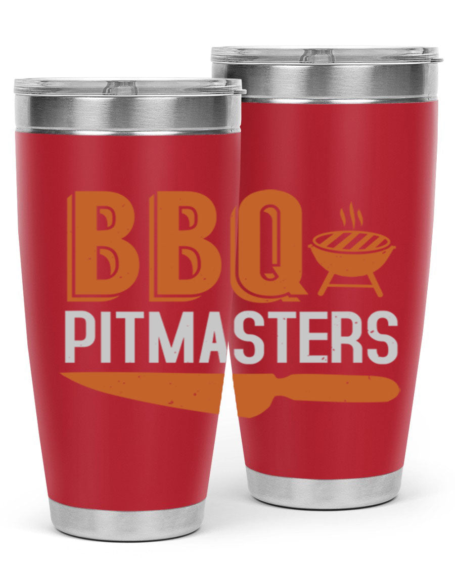 BBQ Pitmasters 20oz Tumbler made of stainless steel with a drink-thru lid, showcasing its sleek design and vibrant print.