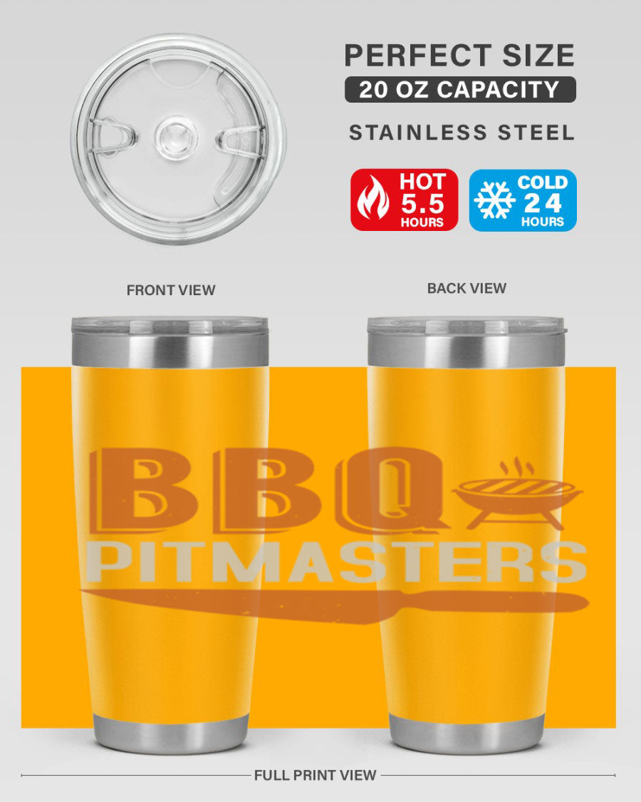 BBQ Pitmasters 20oz Tumbler made of stainless steel with a drink-thru lid, showcasing its sleek design and vibrant print.