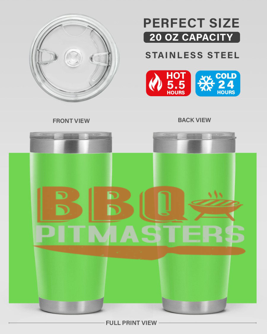BBQ Pitmasters 20oz Tumbler made of stainless steel with a drink-thru lid, showcasing its sleek design and vibrant print.