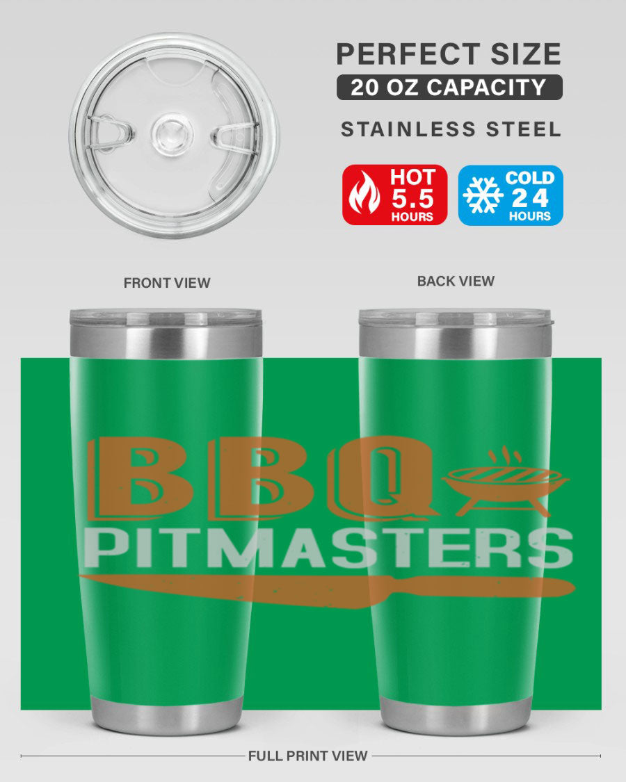BBQ Pitmasters 20oz Tumbler made of stainless steel with a drink-thru lid, showcasing its sleek design and vibrant print.