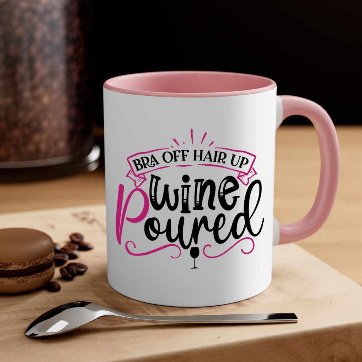 Bra Off Hair Up Wine Mug with colorful handle and glossy finish, perfect for coffee, tea, or wine.