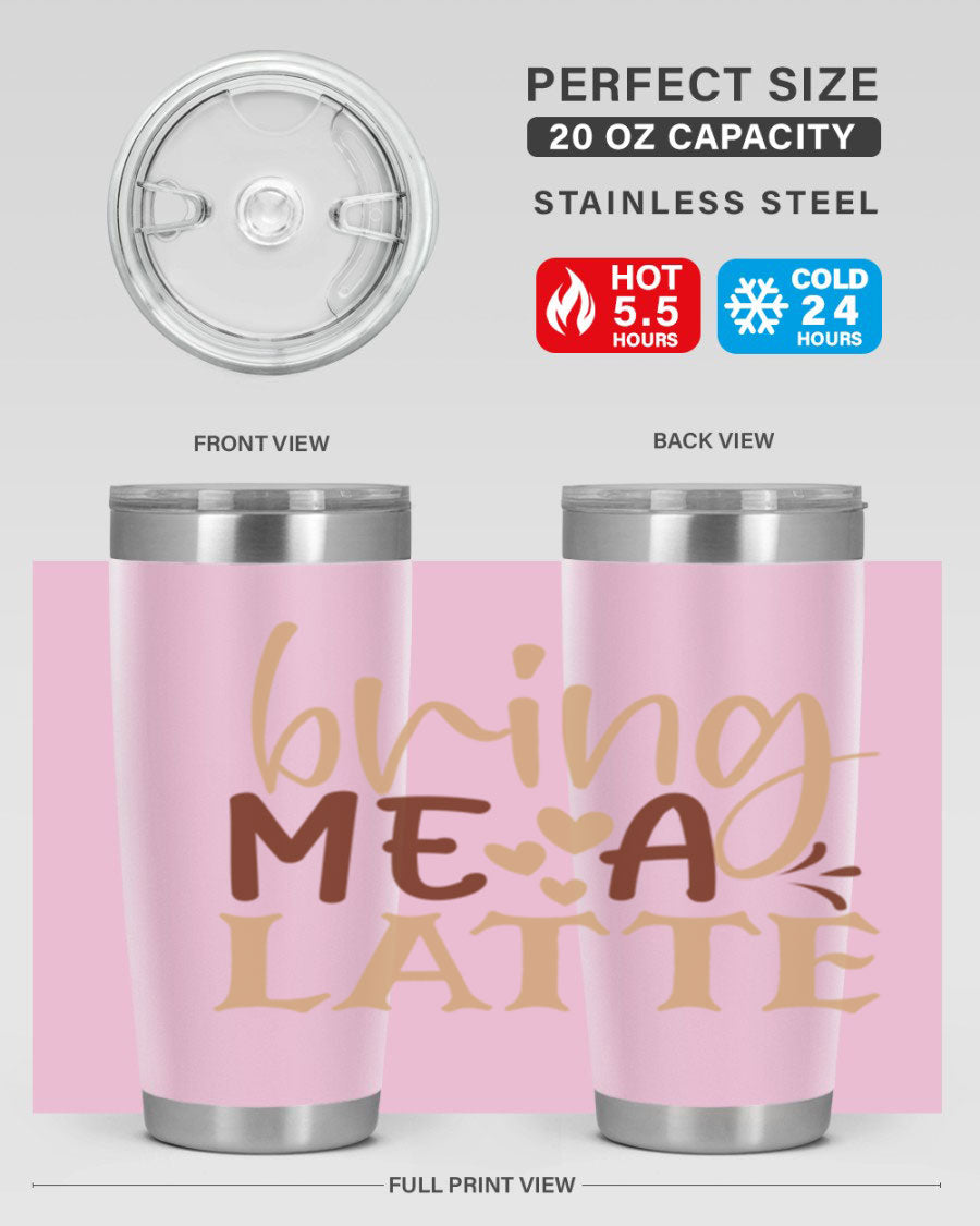 Bring Me a Latte 225# Tumbler in stainless steel with a vibrant printed design, perfect for hot and cold beverages.