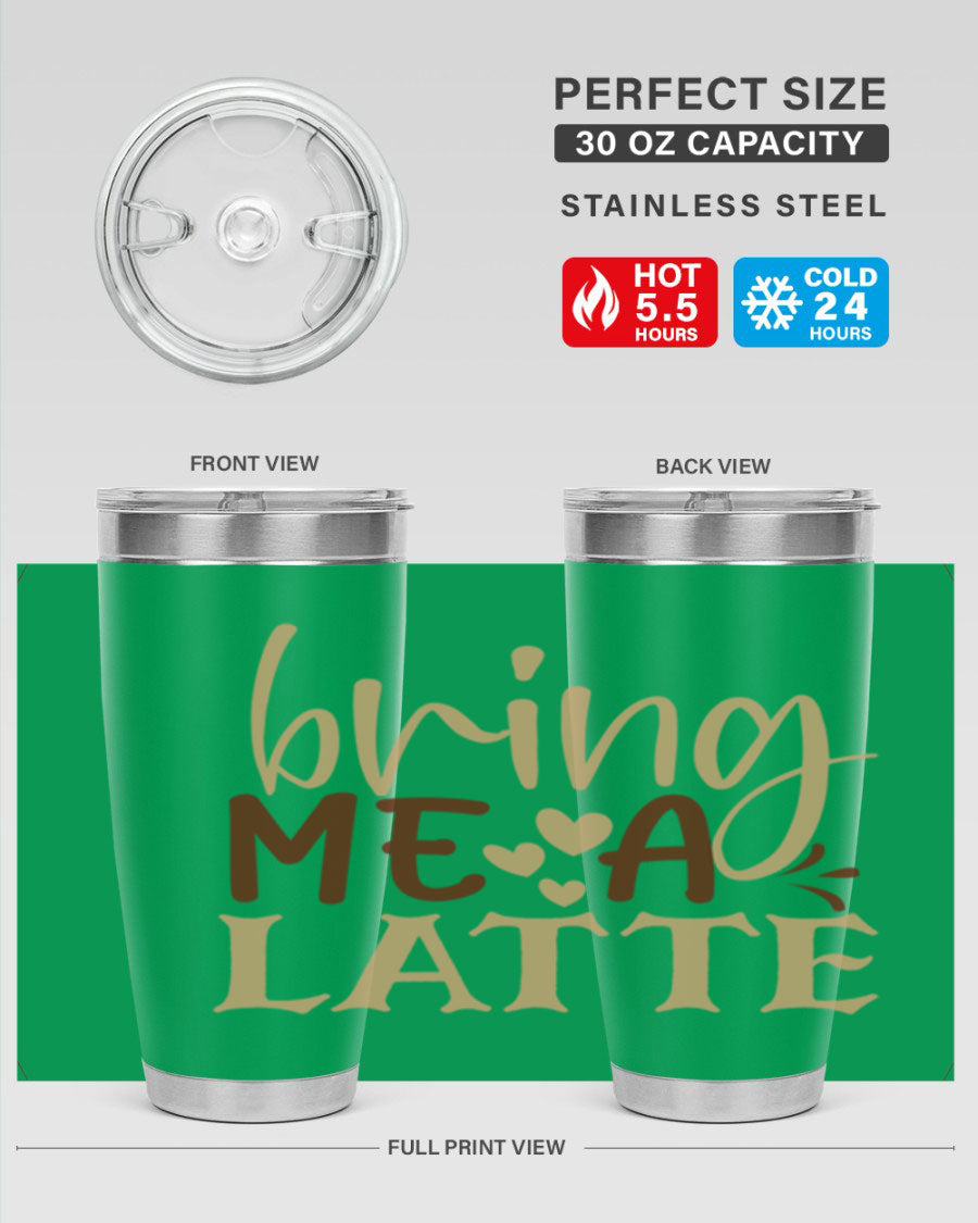 Bring Me a Latte 225# Tumbler in stainless steel with a vibrant printed design, perfect for hot and cold beverages.