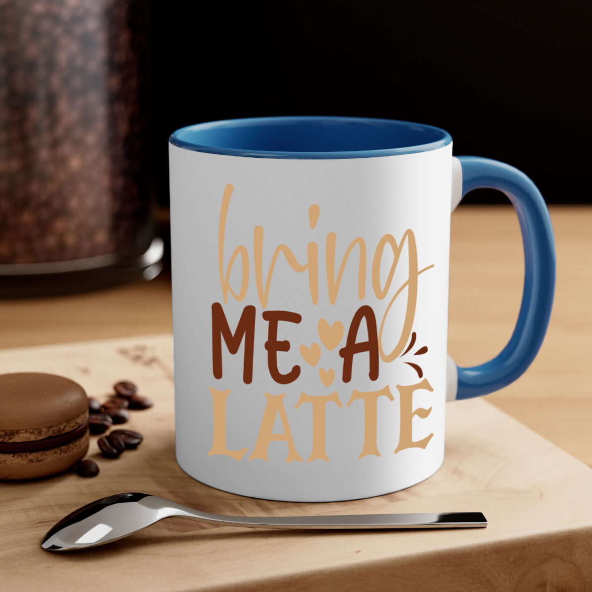Bring Me a Latte 225# Mug featuring a glossy finish, colored handle, and interior, available in multiple colors and sizes.