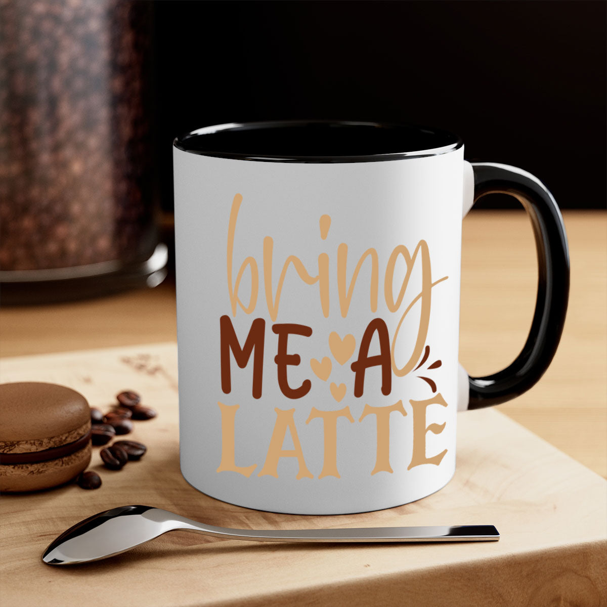 Bring Me a Latte 225# Mug featuring a glossy finish, colored handle, and interior, available in multiple colors and sizes.