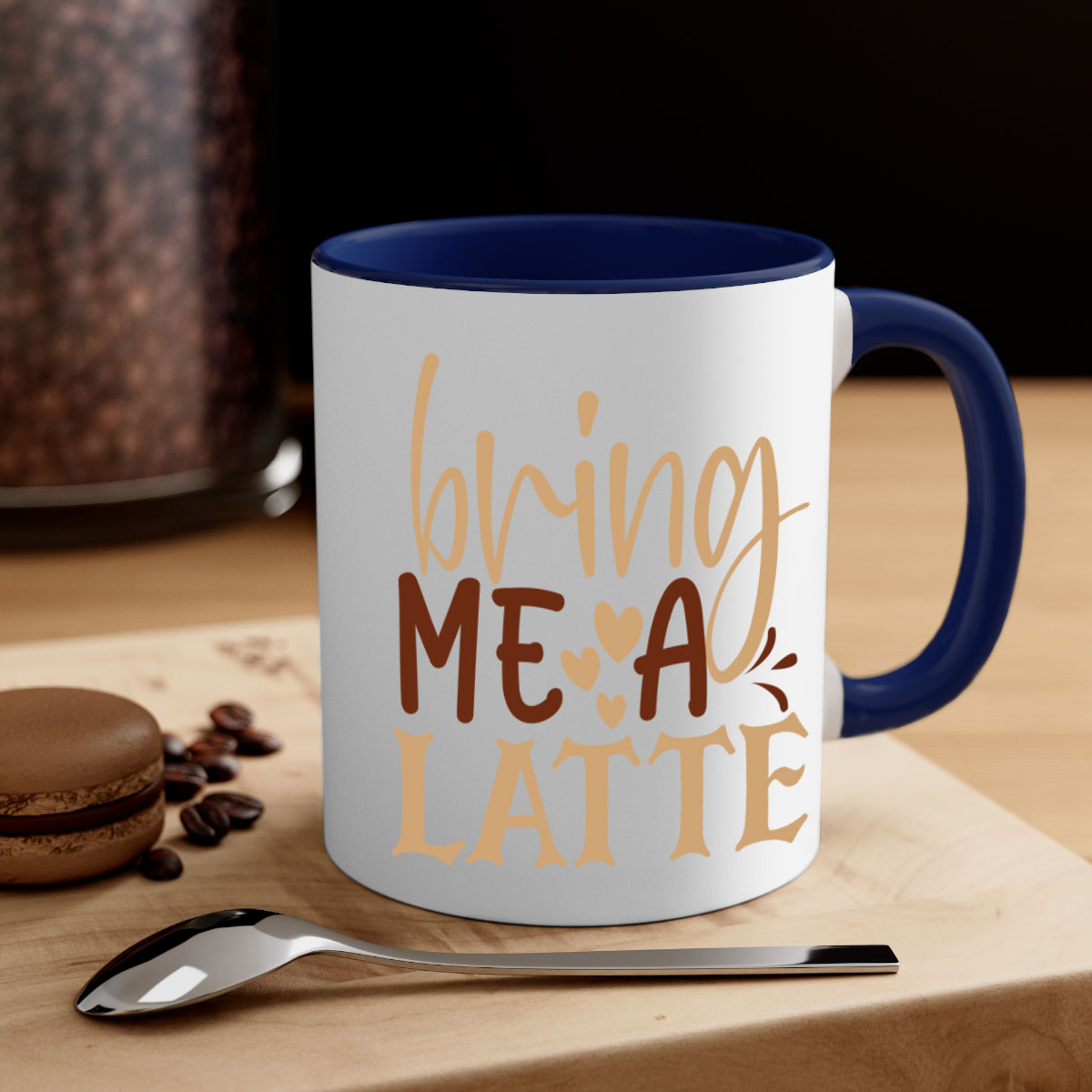 Bring Me a Latte 225# Mug featuring a glossy finish, colored handle, and interior, available in multiple colors and sizes.