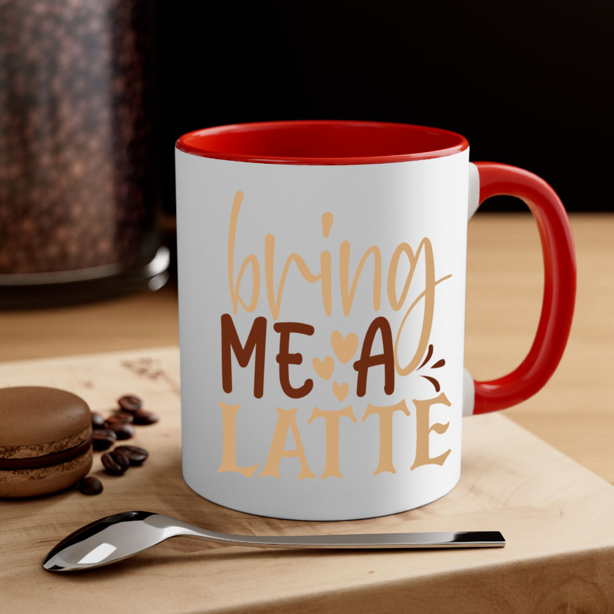 Bring Me a Latte 225# Mug featuring a glossy finish, colored handle, and interior, available in multiple colors and sizes.