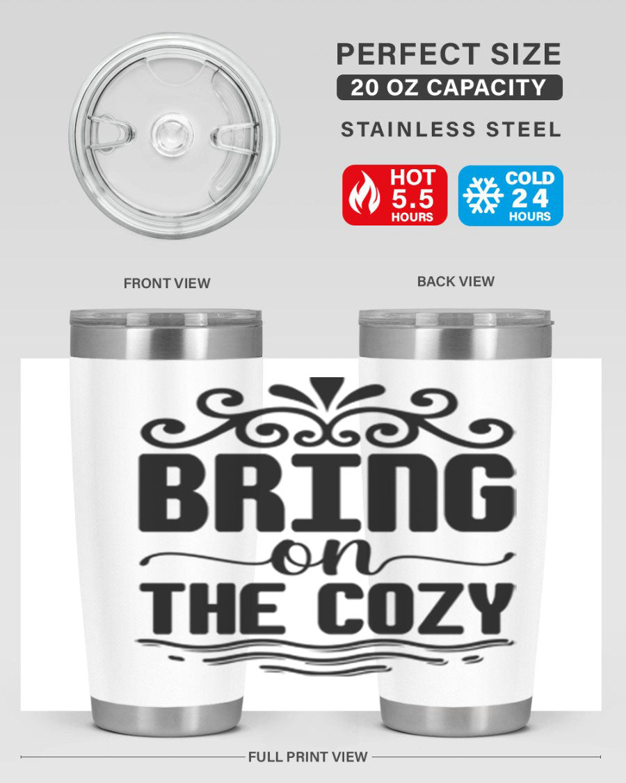 Bring on the Cozy 27# winter tumbler in stainless steel with a drink-thru lid, showcasing its sleek design and double wall insulation.