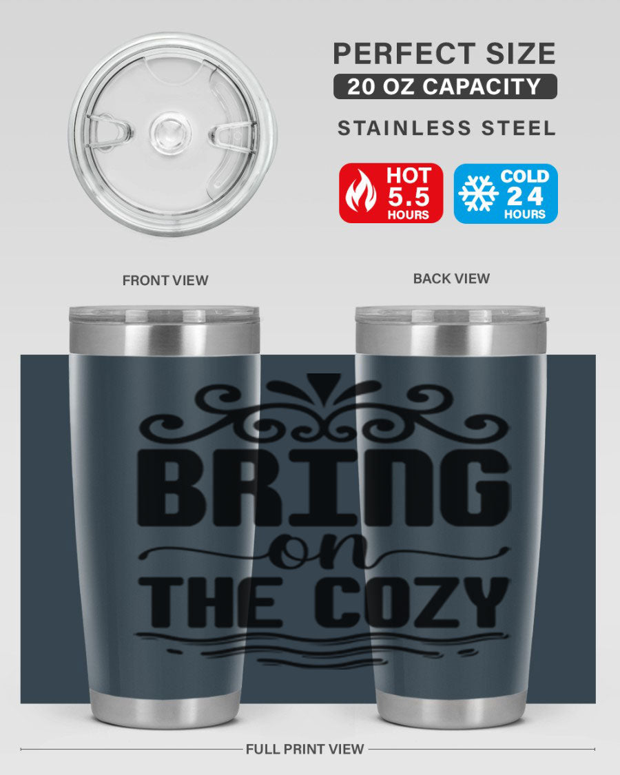 Bring on the Cozy 27# winter tumbler in stainless steel with a drink-thru lid, showcasing its sleek design and double wall insulation.