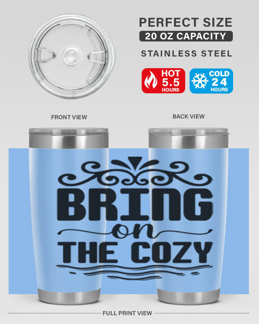 Bring on the Cozy 27# winter tumbler in stainless steel with a drink-thru lid, showcasing its sleek design and double wall insulation.