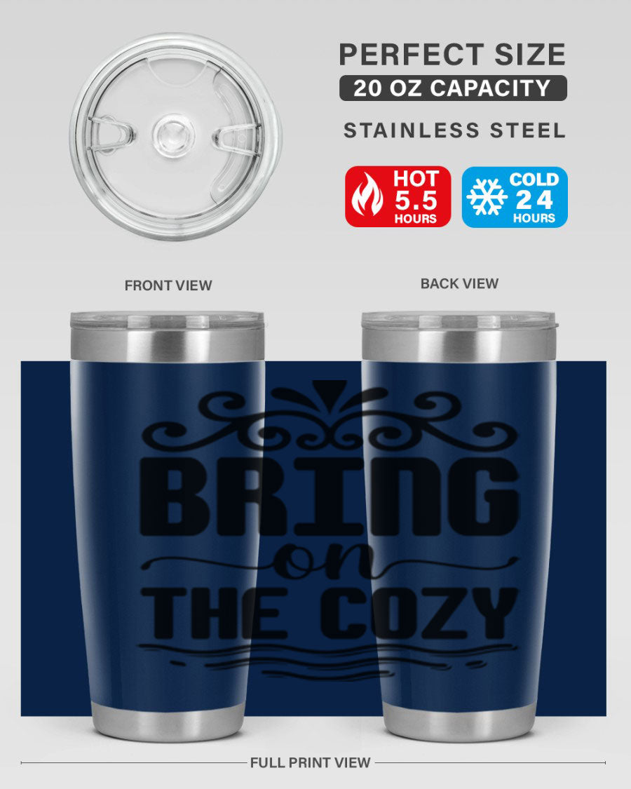 Bring on the Cozy 27# winter tumbler in stainless steel with a drink-thru lid, showcasing its sleek design and double wall insulation.