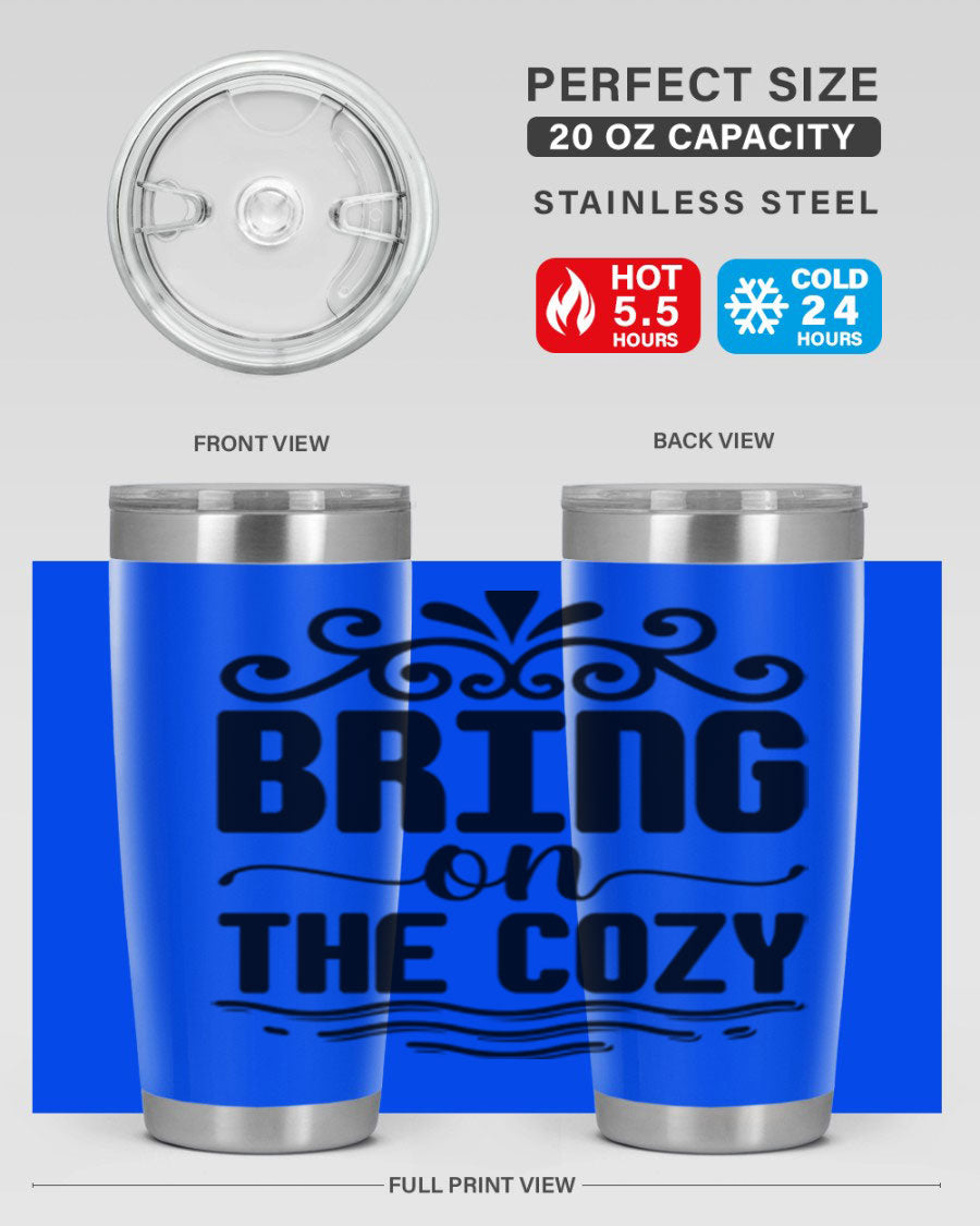 Bring on the Cozy 27# winter tumbler in stainless steel with a drink-thru lid, showcasing its sleek design and double wall insulation.