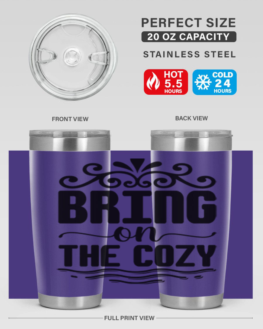 Bring on the Cozy 27# winter tumbler in stainless steel with a drink-thru lid, showcasing its sleek design and double wall insulation.