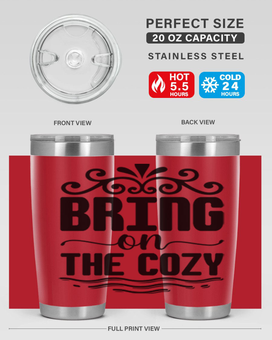 Bring on the Cozy 27# winter tumbler in stainless steel with a drink-thru lid, showcasing its sleek design and double wall insulation.