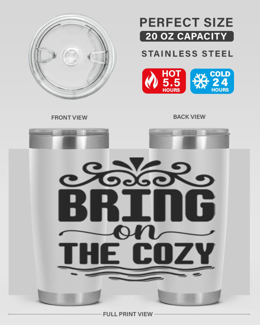 Bring on the Cozy 27# winter tumbler in stainless steel with a drink-thru lid, showcasing its sleek design and double wall insulation.