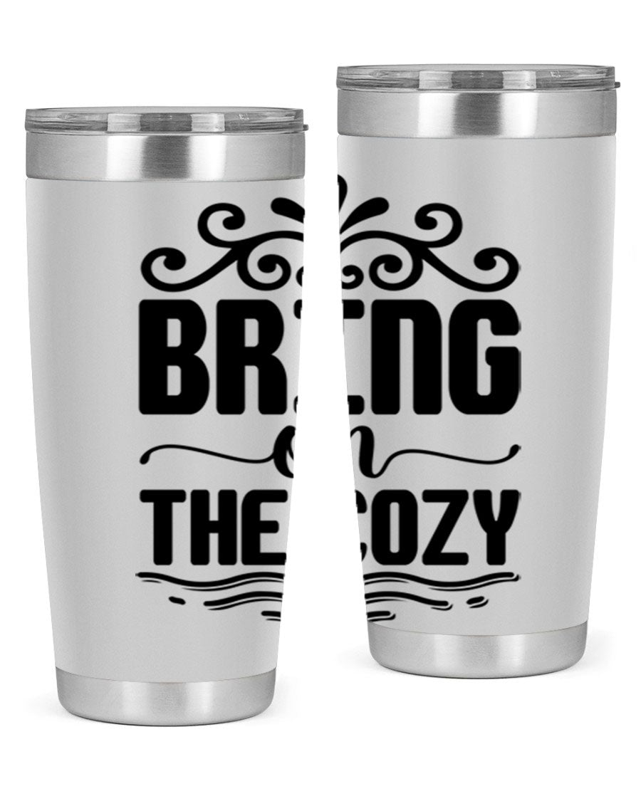 Bring on the Cozy 27# winter tumbler in stainless steel with a drink-thru lid, showcasing its sleek design and double wall insulation.