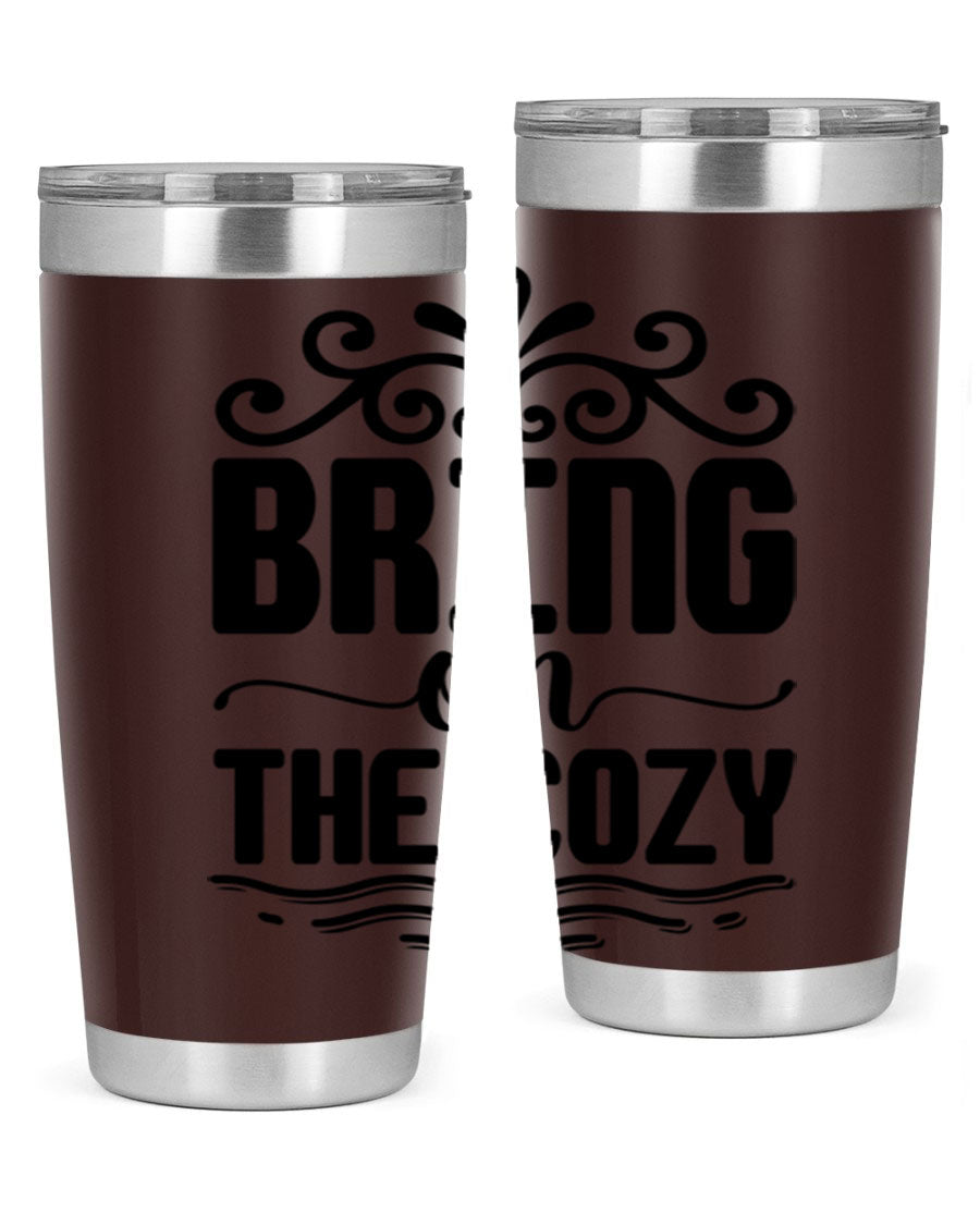 Bring on the Cozy 27# winter tumbler in stainless steel with a drink-thru lid, showcasing its sleek design and double wall insulation.
