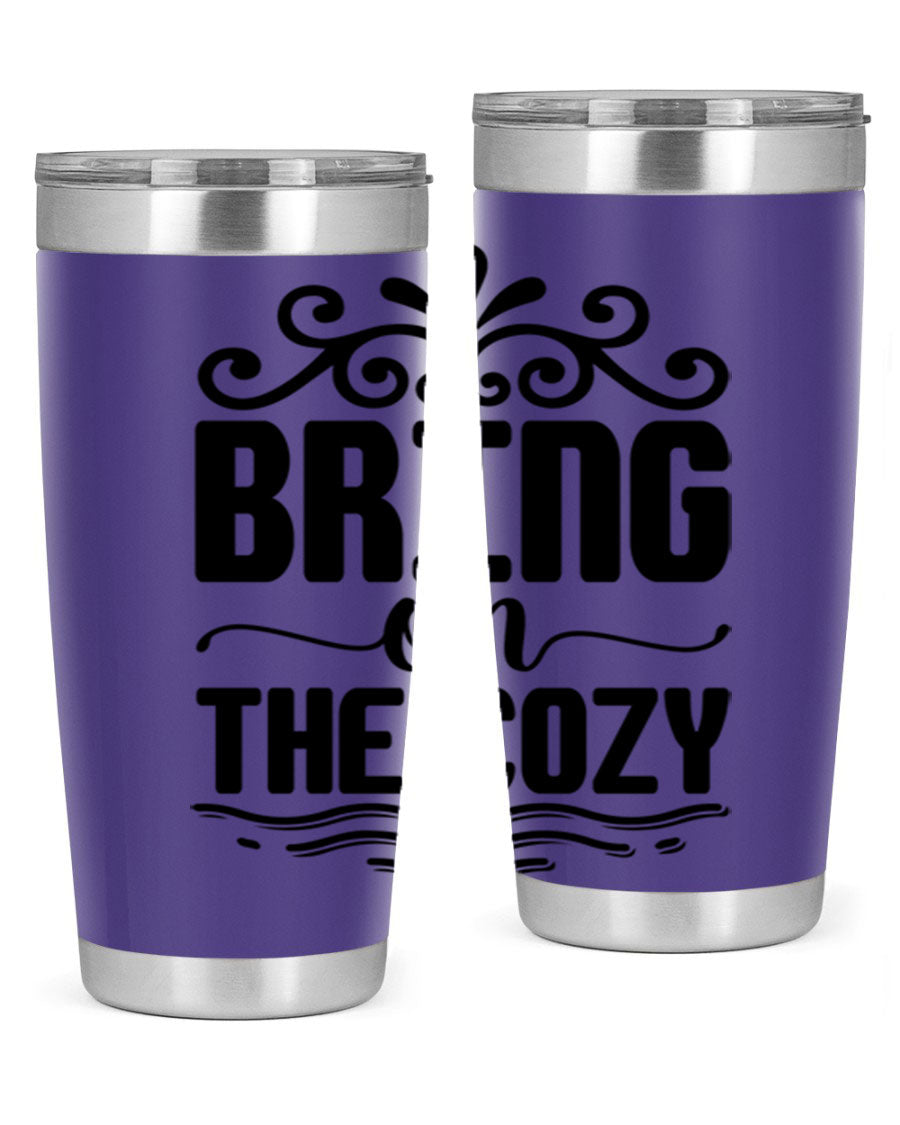 Bring on the Cozy 27# winter tumbler in stainless steel with a drink-thru lid, showcasing its sleek design and double wall insulation.