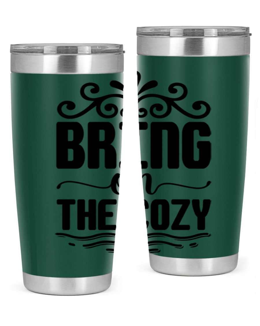 Bring on the Cozy 27# winter tumbler in stainless steel with a drink-thru lid, showcasing its sleek design and double wall insulation.